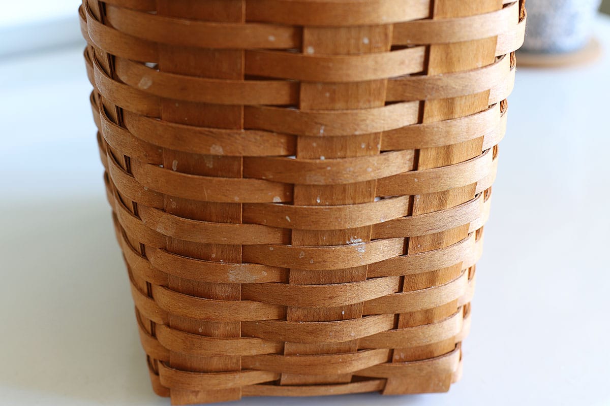 Longaberger basket with white stains on it of unknown origin. 