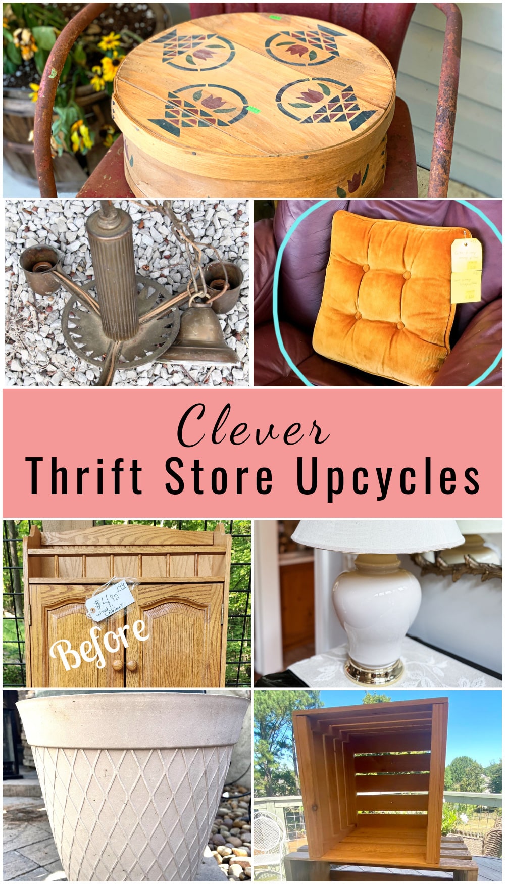 Thrift store finds repurposed into home decor items. Including wooden cheese box, chandelier, throw pillow, bathroom cabinet, table lamp. flower pot and wooden crates. 