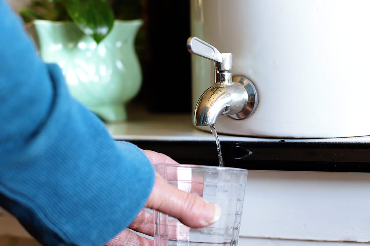 Water dripping out of the spout of the beverage dispenser which is now being used as a planter. It allows water to drain to keep the roots from getting root rot..