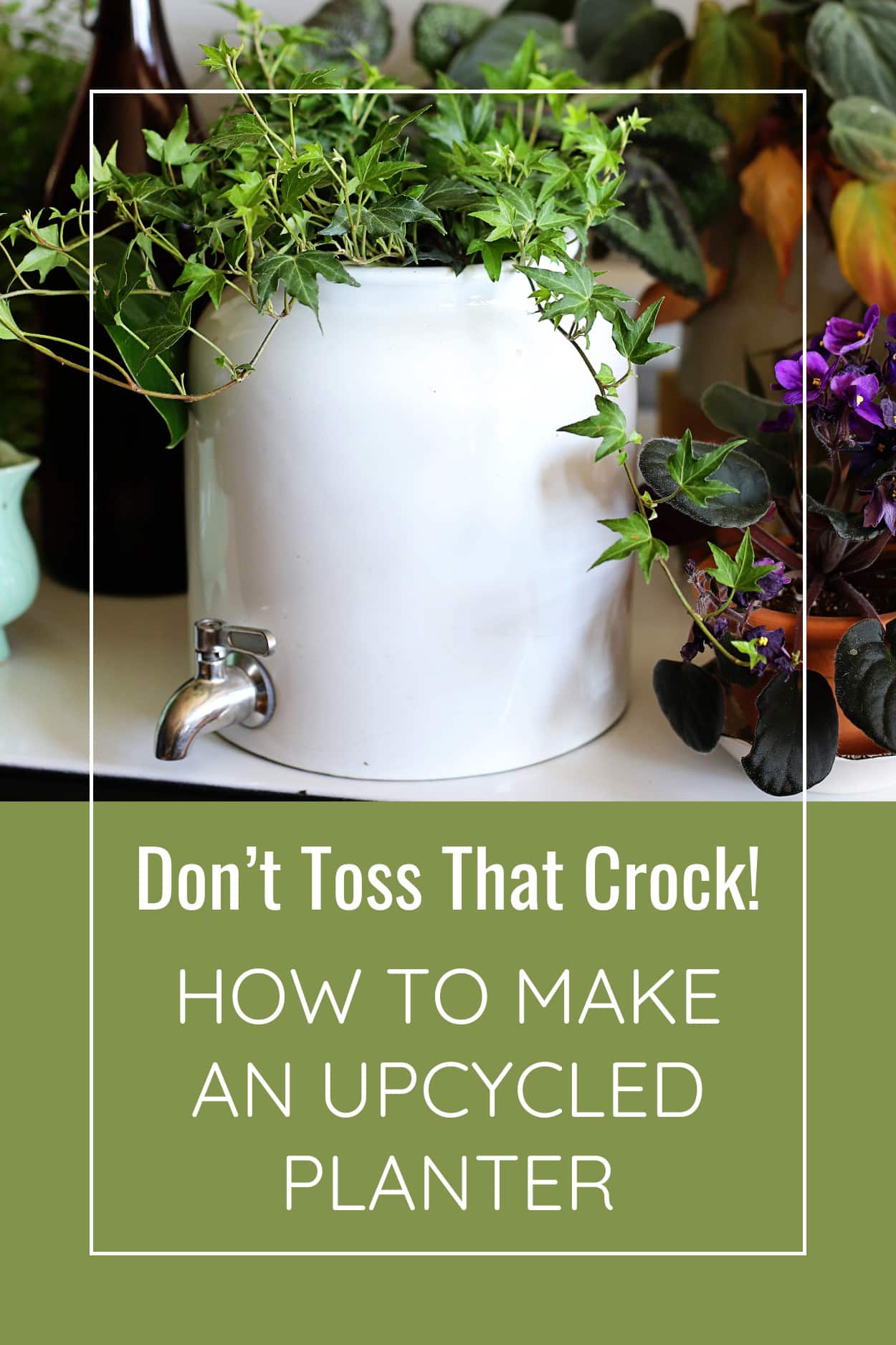Turn a damaged stoneware crock into an upcycled planter with this DIY garden container idea! This thrift store repurpose is the perfect DIY upcycled planter project for plant lovers looking for an eco-friendly project with vintage charm.